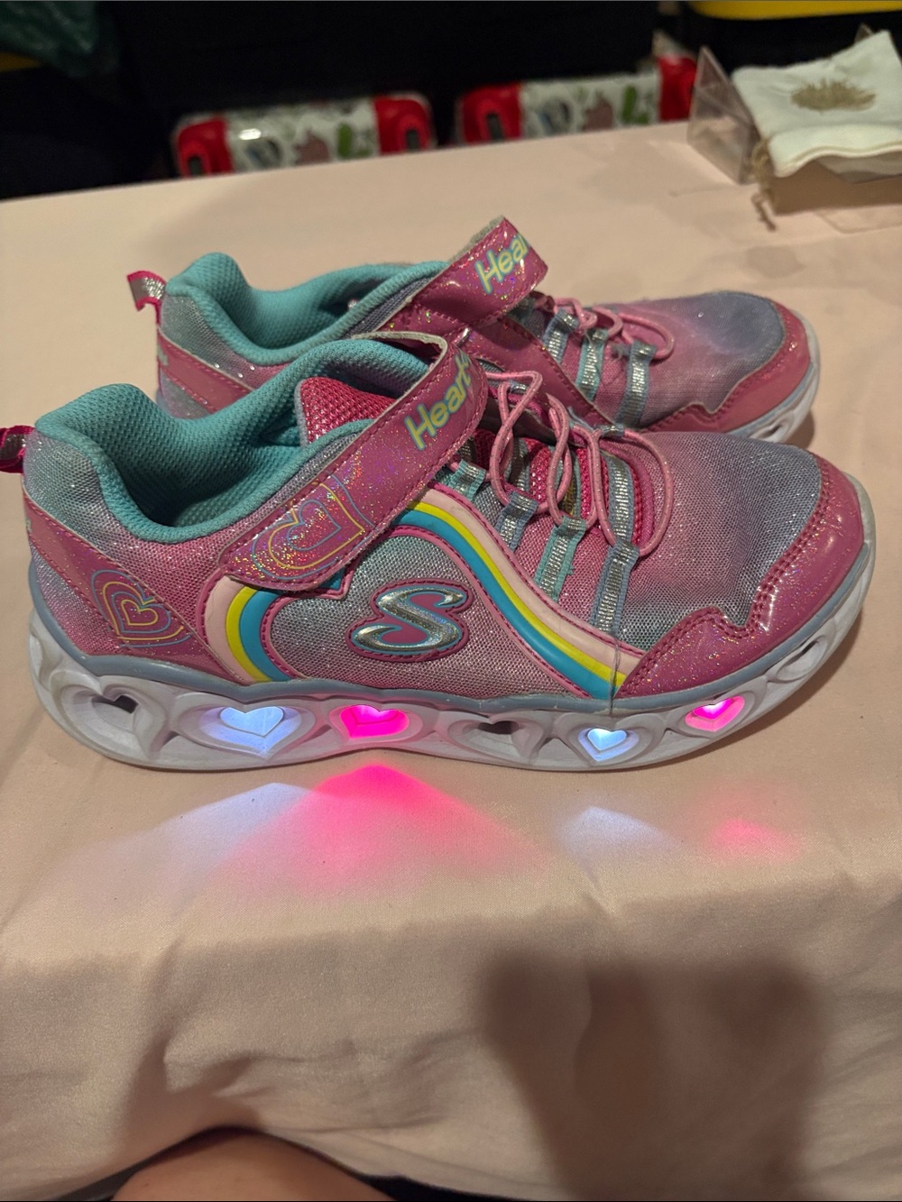 Skechers Girls' Pink and Teal Light-Up Heart Sneakers